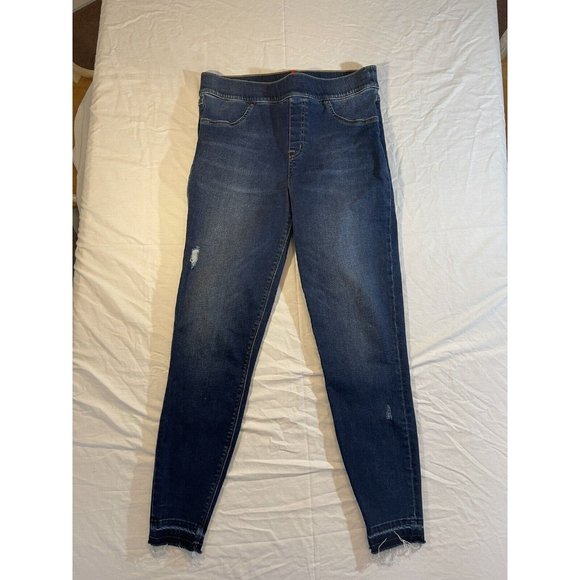 Spanx Distressed Denim Jegging Jeans Womens Large‎ Blue Medium Wash Mid Rise - Picture 1 of 6